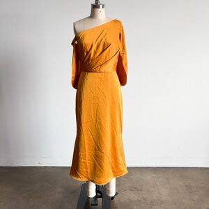 NWT Theia One Shoulder Midi Satin Dress in Gold Nectar Sz 4